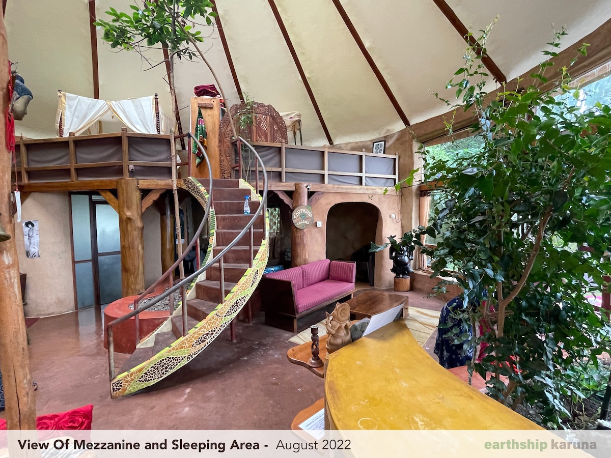 Wide view of the living space — mezzanine sleeping loft, hand-sculpted spiral staircase and indoor tree